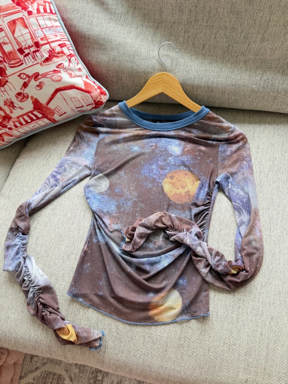 Urban outfitters Galaxy Print Ruched Long-Sleeve Top - Blue Trim